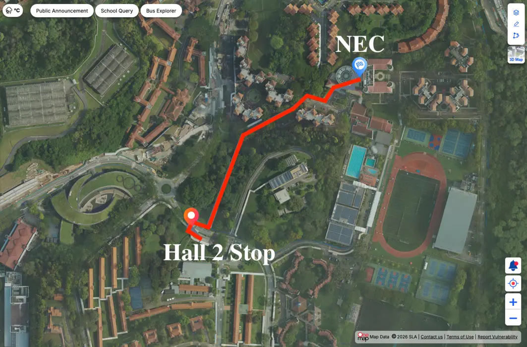 NTU campus map showing the 10-minute red walking path from the Hall 2 bus stop to the Nanyang Executive Centre