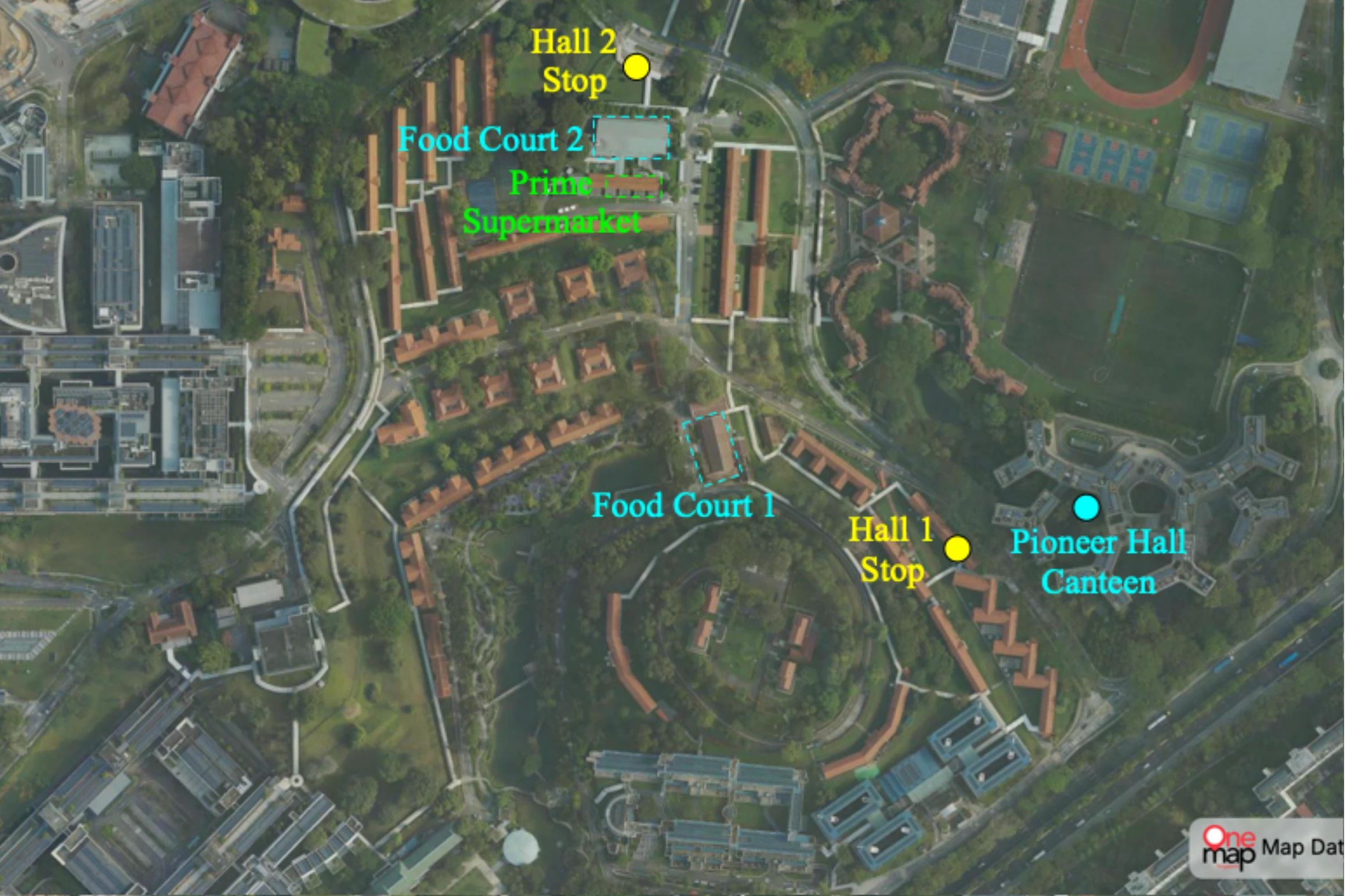 Aerial NTU campus map showing food options near Pioneer Hall: the Pioneer Hall Canteen, Food Court 1 (Hall 1), Food Court 2 (Hall 2) and a Prime Supermarket
