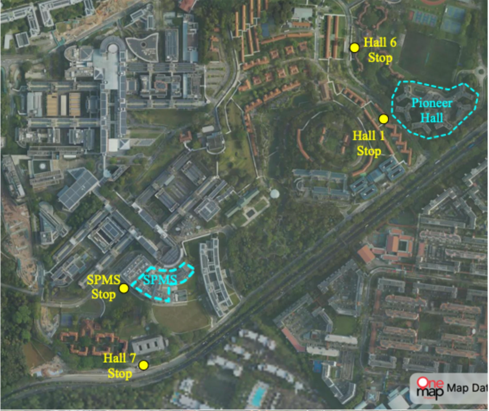 Aerial NTU campus map showing the shuttle stops between Pioneer Hall and SPMS: the Hall 6, Hall 1 and Hall 7 stops and the SPMS stop