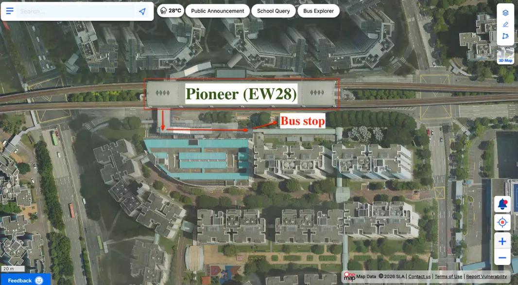Aerial map showing the route from Pioneer (EW28) station exit to the nearby bus stop for Bus 179