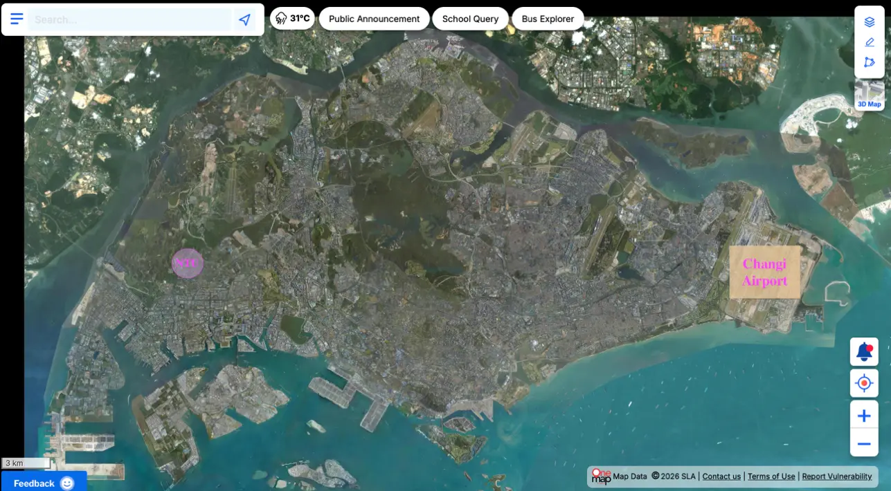 Map of Singapore showing NTU in the west and Changi Airport in the east